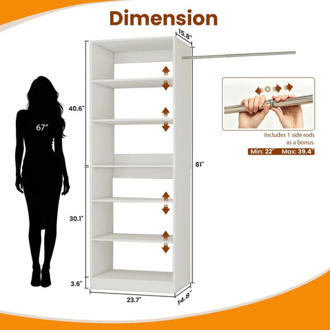 Room Ready Expandable Closet System With Six Sturdy Shelves And Single Adjustable Hanging Rail Modular Wardrobe Rack For Custom DIY Home Organization Clean White dimensions and features diagram