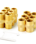 12 Piece Brass Pipe Fitting Set with Hex Nipple and Hex Coupler One Quarter Inch NPT Male to One Quarter Inch NPT Female Threads