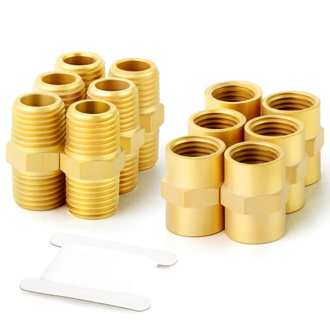 12 Piece Brass Pipe Fitting Set with Hex Nipple and Hex Coupler One Quarter Inch NPT Male to One Quarter Inch NPT Female Threads