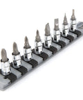 Pro-Grade Eight-Piece One Quarter Inch Drive Phillips And Slotted Bit Socket Set With Rail Includes Slotted Sockets One Eighth Three Sixteenths One Quarter Five Sixteenths Inch And Phillips Bits PH0 To PH3 S2 Steel Press-Fit Bits Gearhead Rail neatly arranged