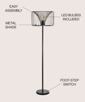 61 Inch Black Modern Industrial Metal LED Floor Lamp With Wire Cage Drum Shade Standing Lamp For Living Room And Bedroom On Off Foot Switch