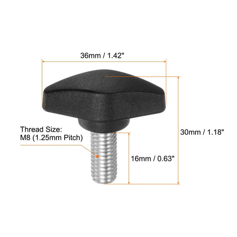 4 Pack Black Tee Wing Knobs M8x16mm Thumb Screws With Standard Male Thread, 36mm wide, durable plastic T handle for secure clamping.