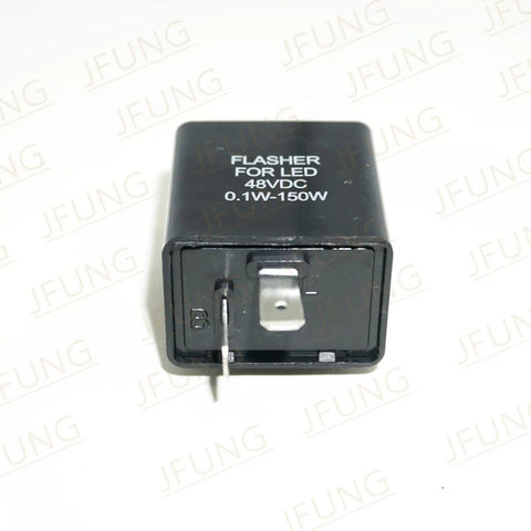 Slick Ride Ready 2 Pin LED Flasher Relay For Motorcycle And Scooter Turn Signal Blinker Switch 32V To 72V DC with a flat black casing.