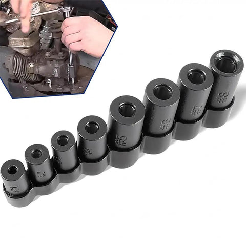 8-piece tap socket set for 1/4 and 3/8 inch drives fits MCTI standard taps up to 1/2 inch and metric taps to 12mm