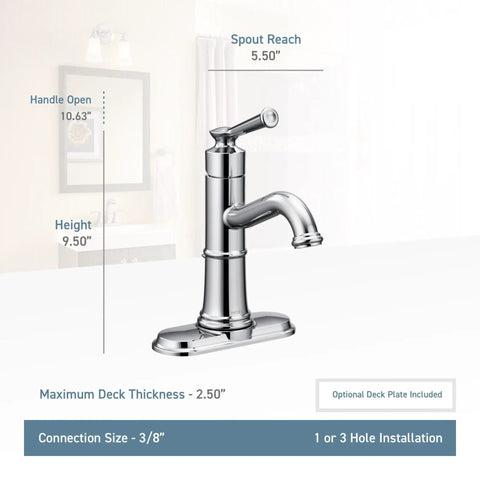 Belfield Chrome One Handle Bathroom Sink Faucet With Drain Assembly And Optional Deck Plate for Single Hole Vanities side view
