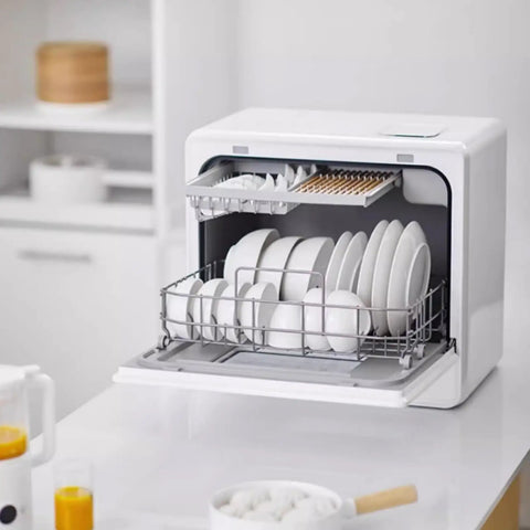Flat Out Reliable Compact Countertop Dishwasher With Fully Automatic Smart Drying And Triple Wash Filter For Tiny Kitchens Or Rv Campers No Sweat Setup Easy Glide Rack Holds massive dinner plates, shown loaded with dishes.