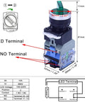 Two Pack Heavy Duty Latching Rotary Selector Switch With 110V LEDs, 22mm Panel Mount, showing dimensions and terminal details