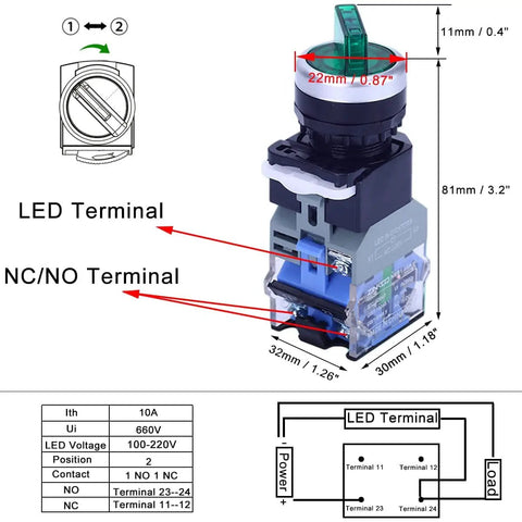 Two Pack Heavy Duty Latching Rotary Selector Switch With 110V LEDs, 22mm Panel Mount, showing dimensions and terminal details