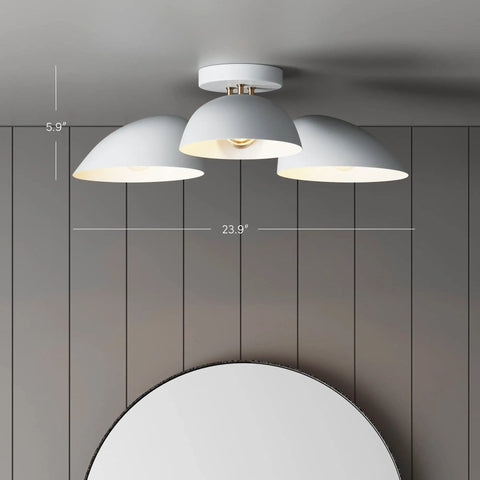 Modern ceiling light with three white dome shades, 5.9" high, 23.9" wide, mounted on a gray wood panel ceiling in a minimalist room.