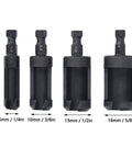 Top Shelf 4 Piece Wood Plug Cutter Drill Bit Set With Quarter Inch Hex Shank For Quarter Half Three Eighth Five Eighths Inch Plugs Cork Masonite Woodworking Fixes Quick Easy Setup, black steel bits in 1/4, 3/8, 1/2, 5/8 inch sizes.