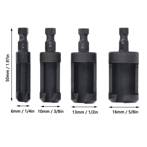 Top Shelf 4 Piece Wood Plug Cutter Drill Bit Set With Quarter Inch Hex Shank For Quarter Half Three Eighth Five Eighths Inch Plugs Cork Masonite Woodworking Fixes Quick Easy Setup, black steel bits in 1/4, 3/8, 1/2, 5/8 inch sizes.