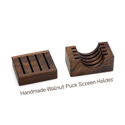 Two Pack 53.3mm Espresso Puck Screen With Handmade Walnut Stand 1.7mm Thick 316 Stainless Steel 150 Micron Perforation Holder