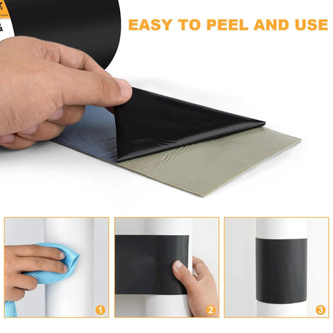 Heavy Duty Waterproof Patch And Seal Tape 4x13 Feet for patching cracks and leaks, shown in use on a white surface.