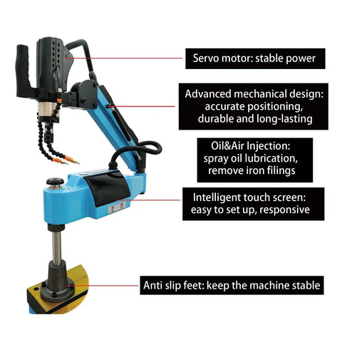 Heavy Duty 220V Electric Tapping Machine With Touch Screen For M3 To M16 Threading, featuring a stable servo motor and anti-slip feet.