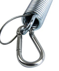 Close-up of spring and snap hook from Beefy Heavy Duty Swing Springs Kit With 2 700 Lb Capacity Springs Stainless Steel Hardware 4 Snap Hooks 2 Safety Wires For Porch Swing Garden Hammocks And Outdoor Hanging Chairs