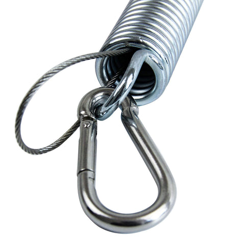 Close-up of spring and snap hook from Beefy Heavy Duty Swing Springs Kit With 2 700 Lb Capacity Springs Stainless Steel Hardware 4 Snap Hooks 2 Safety Wires For Porch Swing Garden Hammocks And Outdoor Hanging Chairs