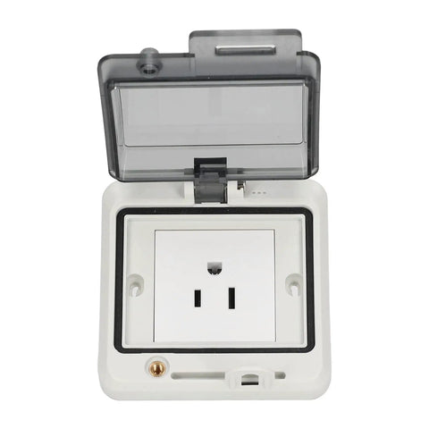Heavy Duty IP66 Wall Outlet Us Standard Power Socket 15 Amp Weatherproof Jack open, featuring a sealed design for outdoor use.