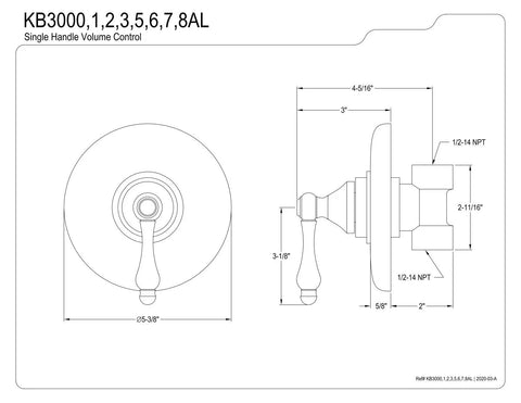 Technical drawing of Oil Rubbed Bronze Shower Volume Control Trim With 1/2-14 NPT Connection, ADA Lever Handle, brass construction.