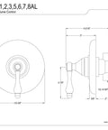 Technical diagram of Old School Vintage Brass Shower Volume Control Trim With ADA Lever Handle, 5-3/4 inch faceplate, 1/2-14 NPT.