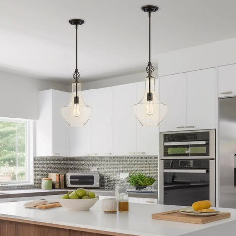 Sydney 15 Inch Modern Pendant Light With Vase Style Seeded Glass Shade Adjustable Height Oil Rubbed Bronze Finish in kitchen