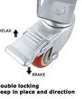 Pack Of Four 3 Inch Heavy Duty Storage Rack Caster Wheels With Ball Bearing Swivels That Roll Like Butter And Secure Lock Brakes To Handle Five Hundred Pounds Without Any Sweat For Garage Shelving Units In Bold Red showing locking mechanism.