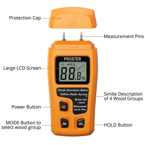 Wood Moisture Meter Digital Pin Type Moisture Detector with LCD display, protective cap, and control buttons for DIY projects.