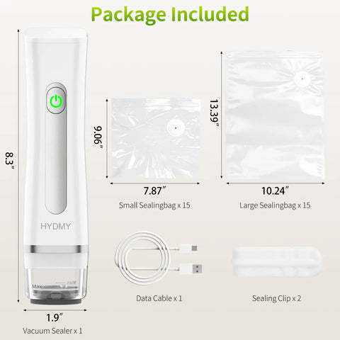 Portable Vacuum Sealer For Food With Detachable And Visible Water Tank, shown with reusable bags, USB cable, and sealing clips