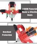 Close-up of 2100W Workhorse Portable Concrete Mixer with powerful motor, effective vents, and overheat protection features.