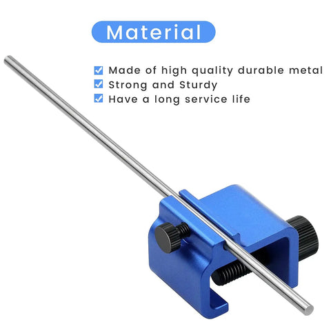 Blue metal Rugged Chain Alignment Tool For Motorcycles And ATVs with clamp mount and rod, highlighting durable metal construction.