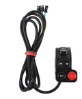 Motorcycle Handlebar Switch With Multi Function Controls For Electric Bikes And Scooters Ride Ready Mount Durable ABS Housing Easy Plug And Play Setup Flexible Horn Button Robust Wiring For Smooth Rides, shown with coiled black wires and red buttons.