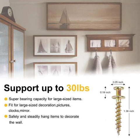 Heavy Duty Picture Hangers And Double Headed Wall Hooks With Bulletproof Grip Rating Up To 30 Lbs For Drywall Or Wood Studs Zero Hassle Setup Hang Gallery Walls Without Sweat Includes 30 Pack, close-up of wall screw.