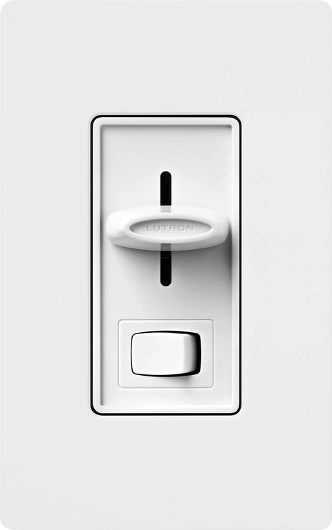White Single Pole Dimmer Switch Featuring Hella Smooth Slider Action For Effortless Brightness Adjustment Of Up To 600W Incandescent And Halogen Bulbs, front view.