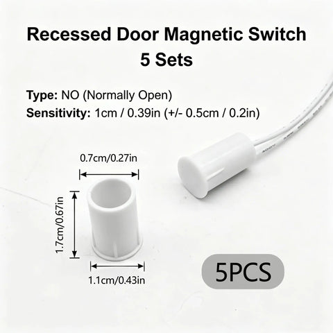 Real Deal Recessed Magnetic Door Contact Switch Tough As Nails NC Alarm Sensor For Wired Home Security Systems With Dead Simple Setup And Knucklehead Proof Detection 5 pack magnetic switches with dimensions.