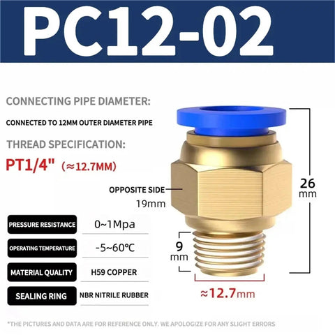 50 Piece Pneumatic Air Hose Fittings Kit With Push To Connect Connectors In 4mm 6mm 8mm 10mm 12mm Sizes And Thread Options One Quarter One Half One Eighth Three Eighth M5 For Quick Easy DIY Assembly In Workshop And Garage, PT1/4 brass fitting