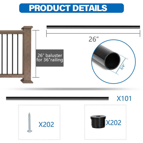 Product details showing 101 Pack 26 Inch Hollow Aluminum Deck Balusters For Railing And Fencing with screws and connectors