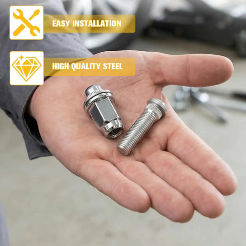 Heavy Duty M12 x 1.5 Steel Wheel Lug Nut Set For Toyota Cars Like Matrix And Celica Super Strong Automotive Hardware Kit You Gotta Have This Gear, steel lug nut and bolt in hand