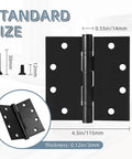 Heavy Duty 4 Point 5 Inch Ball Bearing Door Hinges With Square Corners Matte Black Finish Six Pack on display with dimensions.
