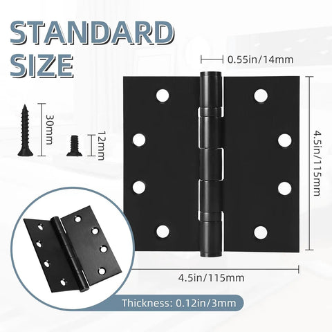 Heavy Duty 4 Point 5 Inch Ball Bearing Door Hinges With Square Corners Matte Black Finish Six Pack on display with dimensions.
