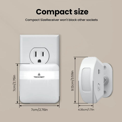Wireless Doorbell Chime With 32 Dope Ringtones, Pair Up To 20 Sensors, 500ft Range, 5 Level Volume, LED Indicator, Perfect for Home, Store, Office, and Caregiver Use. Compact white plug-in receiver, 7cm x 4.35cm x 9.12cm