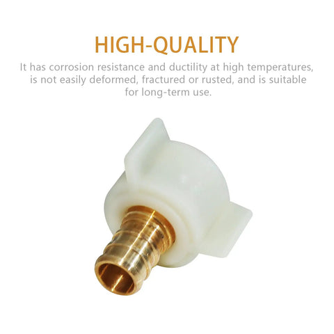 Four Pack PEX Fittings With Brass Swivel Adapters One Half Inch Female NPT Thread Crimp Fittings For PEX Tubing And RV Faucets DIY Friendly Install Works With Clamp Rings Or Copper Crimp Rings No Tools Needed brass swivel adapter shown close up