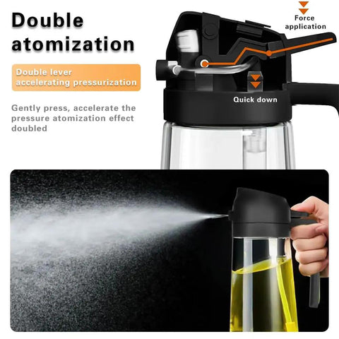 Slick Black 2 In 1 Oil Sprayer And Glass Dispenser For Kitchen Cooking Smooth Mist Spray Bottle 16 Oz close-up of atomization feature