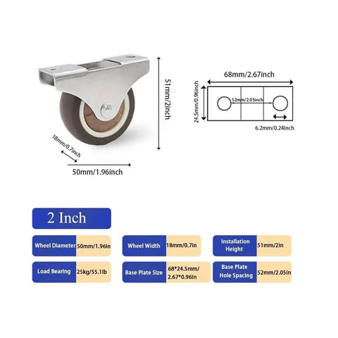 Fixed TPR Rubber Caster Wheels Low Profile Non Swivel Design showing 2-inch size and technical specifications for furniture use.