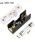 Single Pole Fuse Holder With Indicator Light 6mmx30mm Glass Fuse Included Five Pack Copper Contacts Non Conductive Cover Plug And Play Ready 250V 10A Electrical Distribution with visible components and measurements.