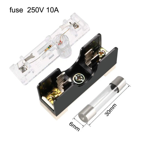 Single Pole Fuse Holder With Indicator Light 6mmx30mm Glass Fuse Included Five Pack Copper Contacts Non Conductive Cover Plug And Play Ready 250V 10A Electrical Distribution with visible components and measurements.
