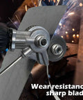 Heavy Duty Electric Drill Shear Conversion Kit That Clamps Straight In To Rip Steel Aluminum Copper And Drywall Like Butter Fast Twist Lock Chuck Mount. Close-up view of sharp blade cutting through metal.