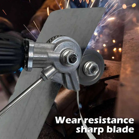 Heavy Duty Electric Drill Shear Conversion Kit That Clamps Straight In To Rip Steel Aluminum Copper And Drywall Like Butter Fast Twist Lock Chuck Mount. Close-up view of sharp blade cutting through metal.