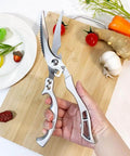 Rugged Stainless Steel Kitchen Scissors For Cooking And Poultry, on cutting board with vegetables, for bones turkey meat fish and veggies