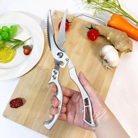 Rugged Stainless Steel Kitchen Scissors For Cooking And Poultry, on cutting board with vegetables, for bones turkey meat fish and veggies