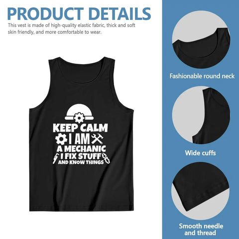 Men's Mechanics Tank Top Straight Up Comfy 100 Percent Cotton Sleeveless Shirt Featuring Keep Calm Graphic in black.