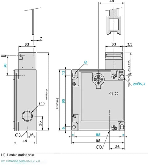 Heavy Duty Safety Door Switch With Insert Solenoid Guard Lock For Industrial Machinery dimensions diagram, detailed view with measurements.